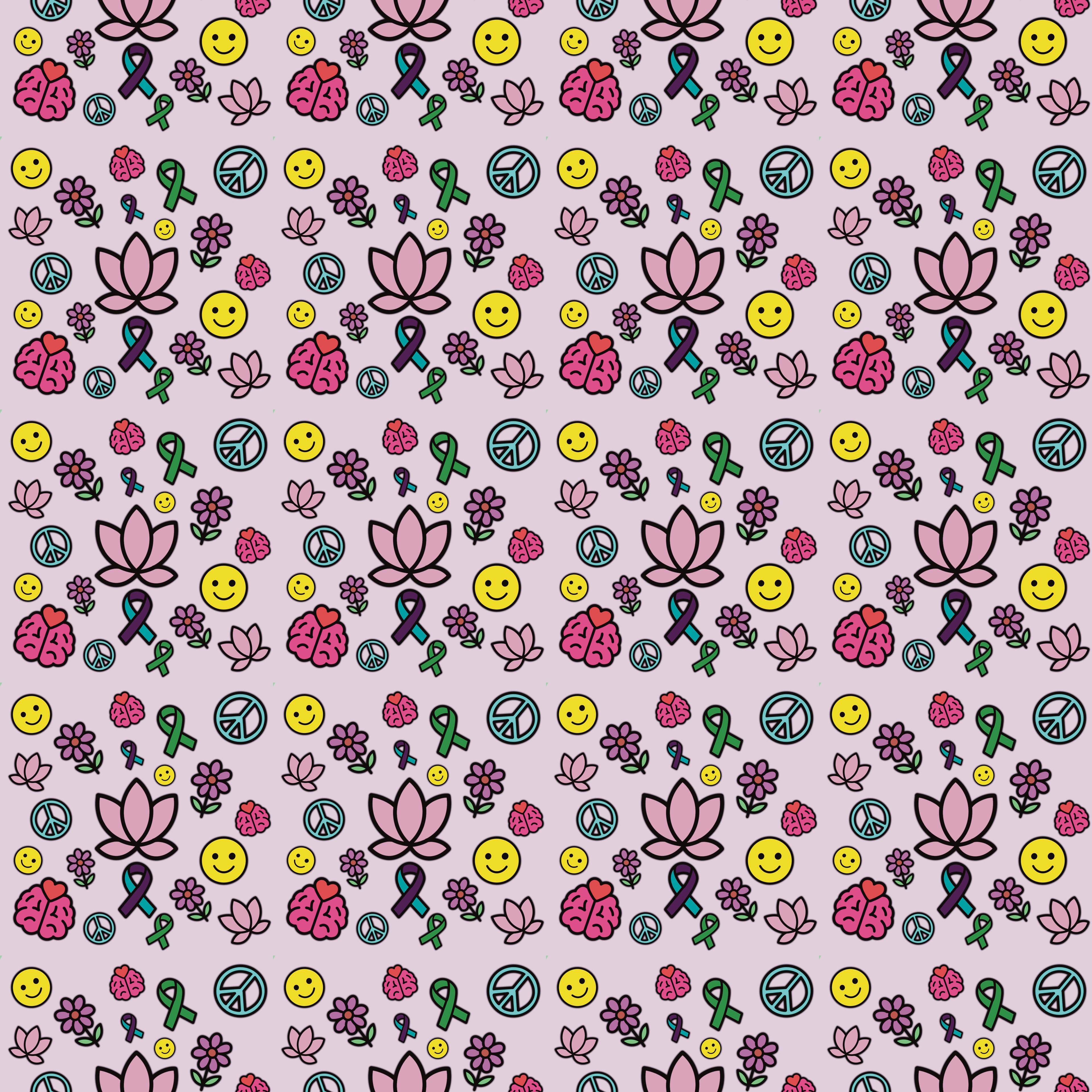 Mental Health Awareness Seamless Pattern | Digital Download | Positivity & Self-Care Clipart | Lotus, Ribbons, Peace, Smiley, Brain, Flowers