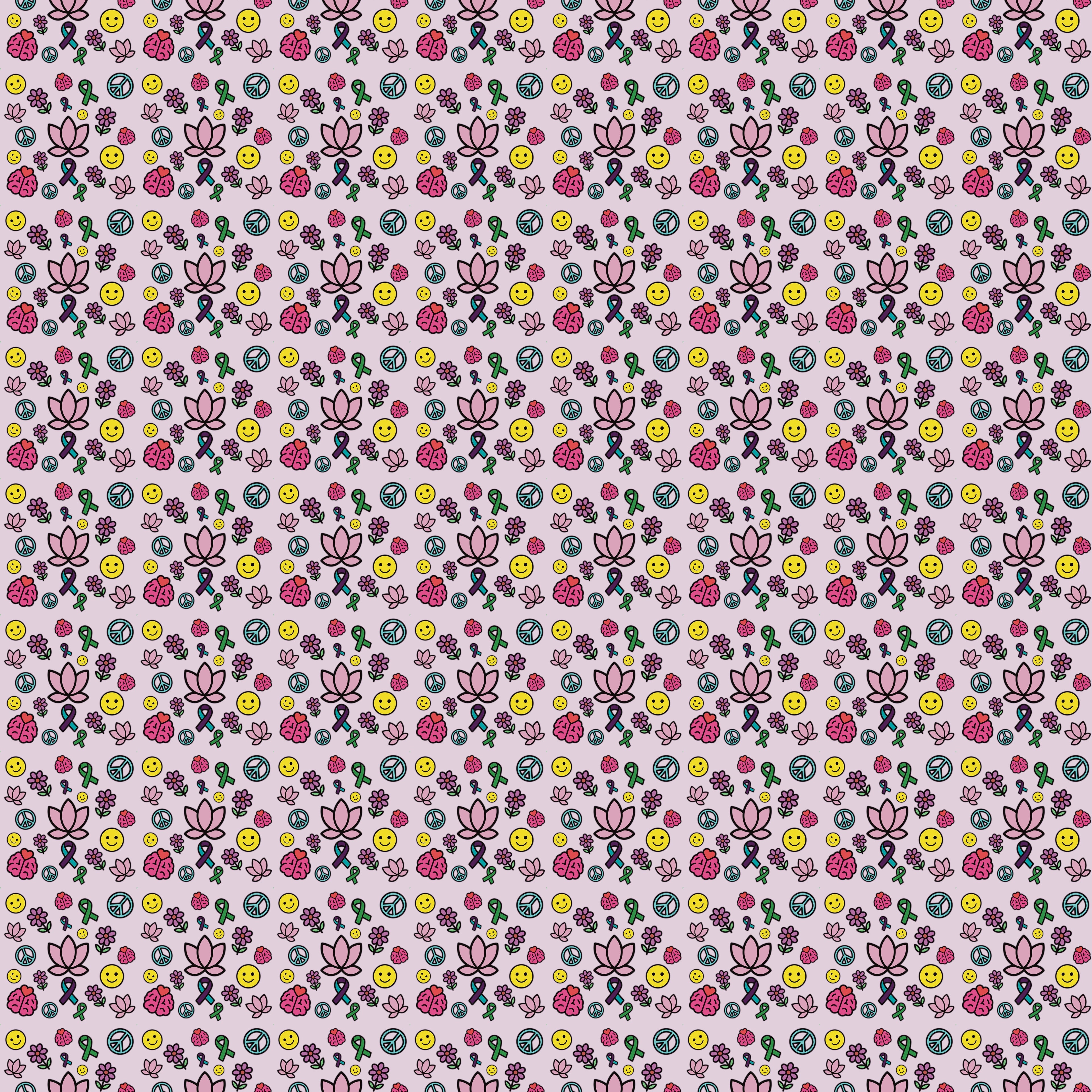 Mental Health Awareness Seamless Pattern | Digital Download | Positivity & Self-Care Clipart | Lotus, Ribbons, Peace, Smiley, Brain, Flowers
