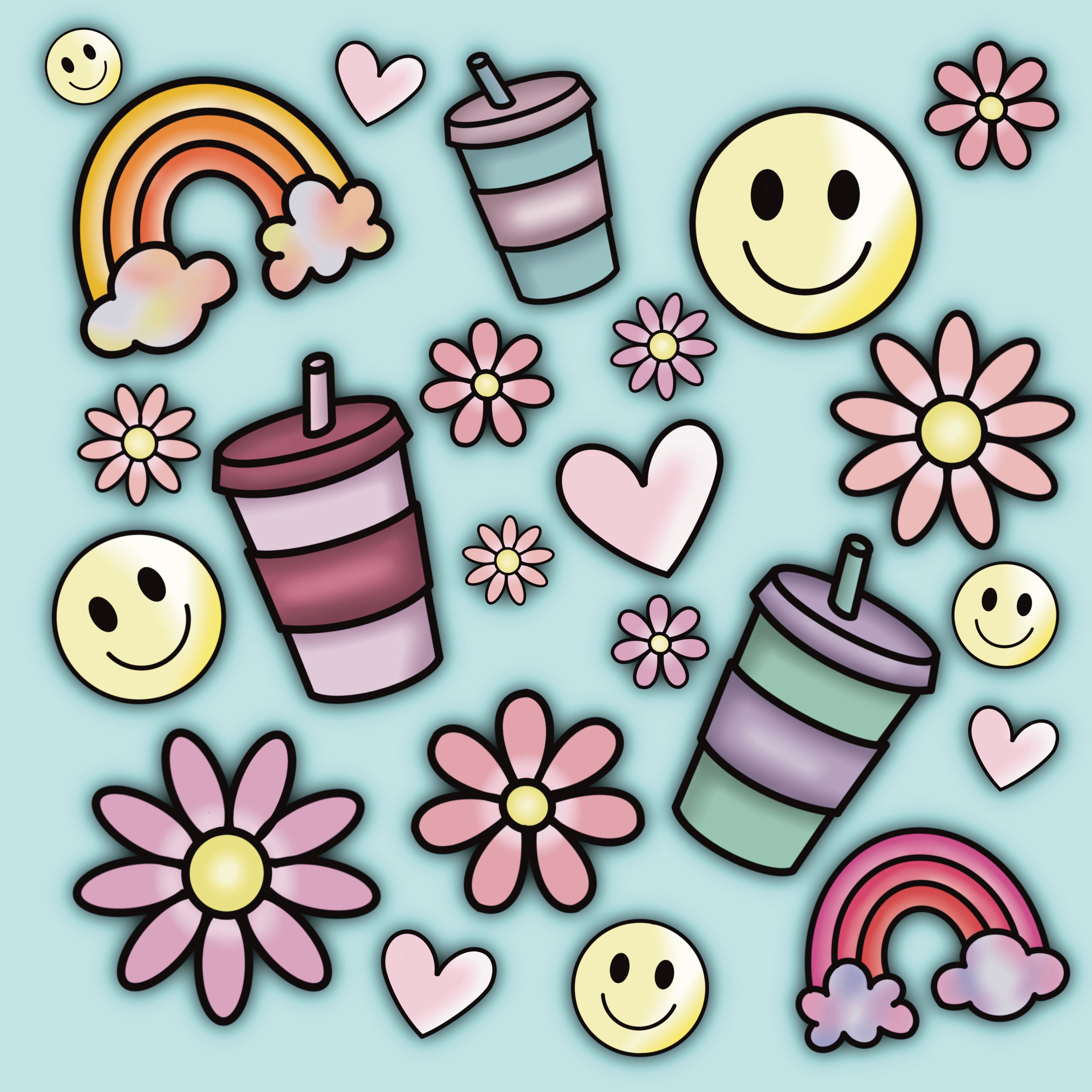 Retro Smiley Face & Rainbow Seamless Pattern | Cute Digital Paper, Kawaii Flowers, Pastel Hearts, 90s Aesthetic, Instant Download