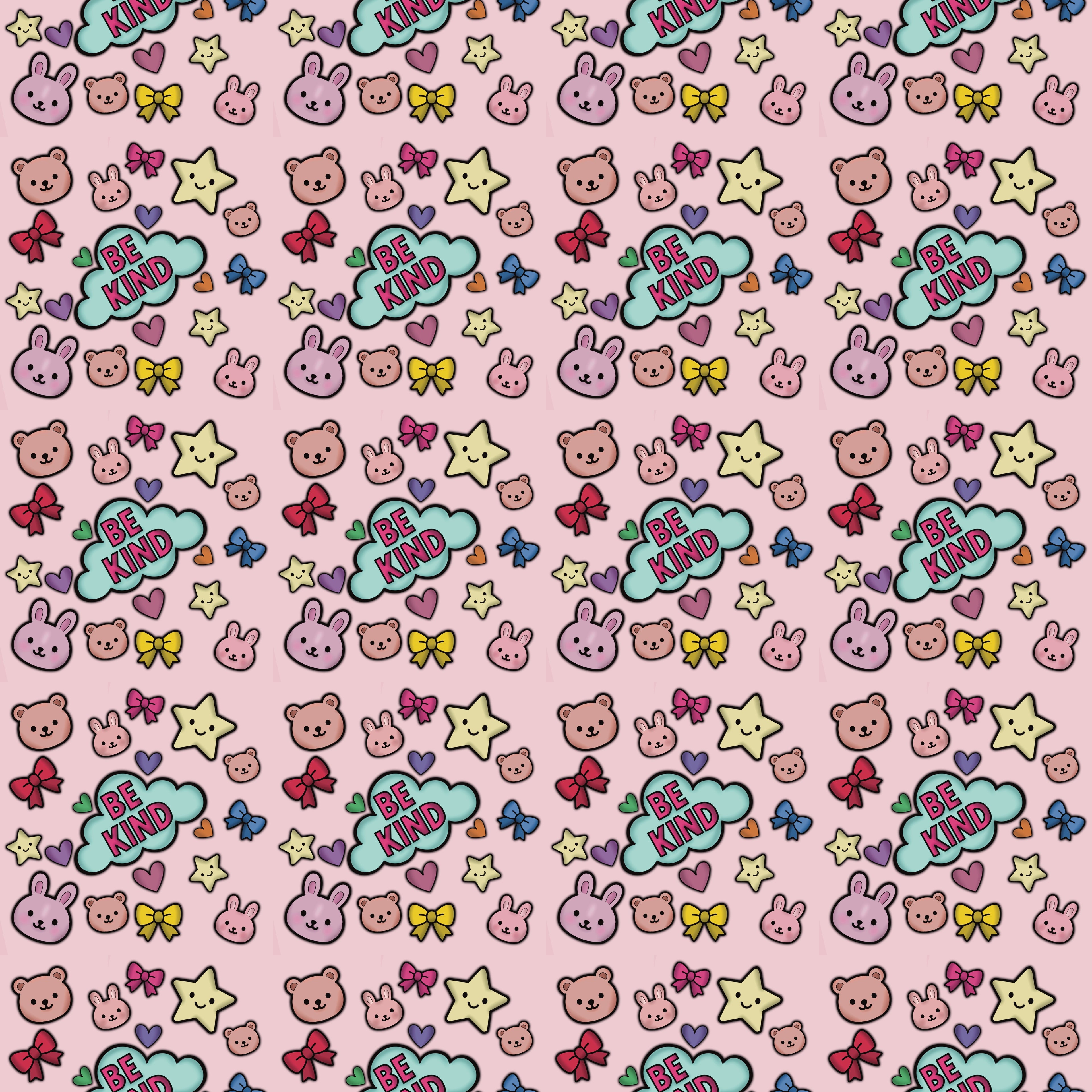 Be Kind Kawaii Digital Pattern – Cute Bears, Bunnies, Stars & Bows | Positive Printable Seamless Design | Mental Health, Scrapbooking, Craft